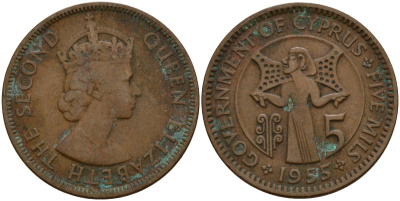 Кипр 5 милей 1955 Елизавета II (1953-) KM 34 бронза 4159-735