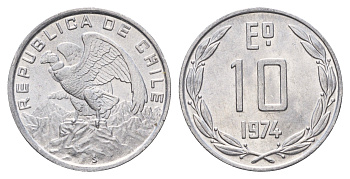Чили 10 эскудо 1974 KM 200 алюминий aUNC 4688-235