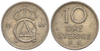 Швеция 10 эре 1968 Густав VI Адольф (1950-1973) KM 835 медно-никель 3309-649