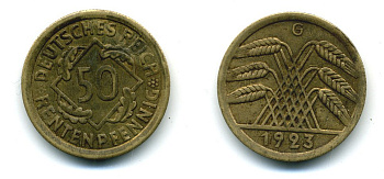 ГЕРМАНИЯ 50 РЕНТЕНПФЕННИГОВ 1923 G KM 34, J. 310 алюминиевая бронза 54-1215