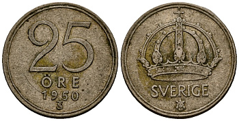 Швеция 25 эре 1950 Густав V (1907-1950) KM 816 серебро 4164-1025