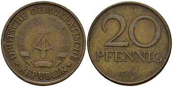 ГДР 20 пфеннигов 1969 A, первый год KM 11 латунь 4601-535