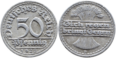ГЕРМАНИЯ 50 ПФЕННИГОВ 1922 D KM 27, J. 301, Weege 10 алюминий 4390-845
