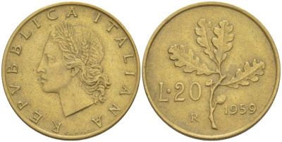 ИТАЛИЯ 20 ЛИР 1959 R, ДУБОВЫЕ ЛИСТЬЯ KM 97.1 алюминиевая бронза 4551-246