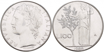 ИТАЛИЯ 100 ЛИР 1986 R, АФИНА У ОЛИВКОВОГО ДЕРЕВА KM 96.1 нержавеющая сталь 4545-731