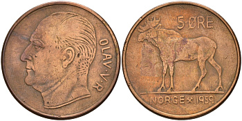 Норвегия 5 эре 1959 KM 405 бронза 4148-243