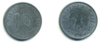 ГЕРМАНИЯ 10 РЕЙХСПФЕННИГОВ 1940 A, KM 101, J. 371 цинк 62-2529