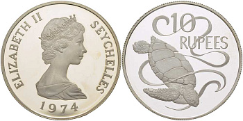 Сейшельские острова 10 рупий 1974 серия защита окружающей среды, зелёная морская черепаха, тираж 25000 экз. KM 20а серебро PROOF 1074-3-44