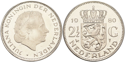 Нидерланды 2 1/2 гульдена 1980 Юлиана (1948-1980) KM 191 никель 4593-641