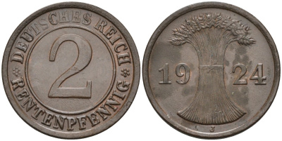 Германия 2 рентенпфеннига 1924 J KM 31, J.307, Weege 3 медь 4584-626