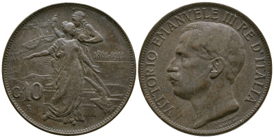 Италия 10 чентезимо 1911 50 лет Королевству Италия (1861-1911) KM 51 медь 4381-1042