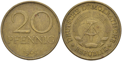 ГДР 20 пфеннигов 1969 A, первый год KM 11 латунь 4143-743