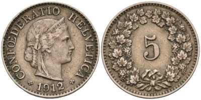 Швейцария 5 раппенов 1912 KM 26 медно-никель 4596-454