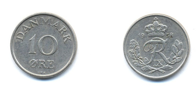 ДАНИЯ 10 ЭРЕ 1958 C; S, ФРЕДЕРИК IX (1947-1972) КМ 841.2 медно-никель 51-4346