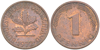 ФРГ 1 ПФЕННИГ 1972 J KM 105, J. 380 сталь плакированная медью 4181-563