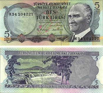 ТУРЦИЯ 5 ЛИР 1976 ПРЕЗИДЕНТ КЕМАЛЬ АТАТЮРК, МАНАВГАТ ВОДОПАД В АНТАЛИИ Pick 185 бумага UNC (ПРЕСС) 6289-32-1-2