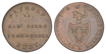 Великобритания, Саффолк, Бьюри 1/2 пенни 1795 Джон Гауэр, токен, гурт гладкий Dalton & Hamer 27 медь aUNC 3711-322