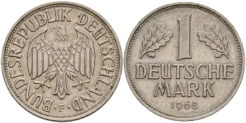 ФРГ 1 марка 1968 F KM 110, J. 385 медно-никель 4159-1057