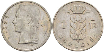 БЕЛЬГИЯ 1 ФРАНК 1969 BELGIE, БОДУЭН I (1951-1993) KM 143.1 медно-никель 202-1035