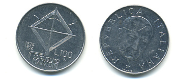 ИТАЛИЯ 100 ЛИР 1974 R, 100 ЛЕТ МАРКОНИ KM 102 нержавеющая сталь 3999-344