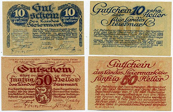 Австрия, Штирия набор из 2 банкнот 10 и 50 геллеров 1920 29 Февраля 1920, нотгельд, земля Штирия   бумага  аUNC  7555-28-2-2