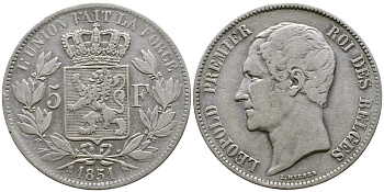 Бельгия 5 франков 1851 Леопольд I (1831-1865) KM 17 серебро 00-1067-4-13