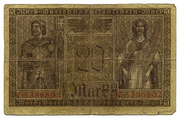 Германия 20 марок 1918 20 февраля 1918, серия V, красная, Минерва и Меркурий Pick 57, Rosenberg 55 бумага 7217-78-2-2