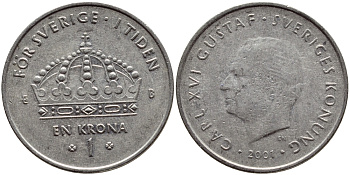 Швеция 1 крона 2001 Карл XVI Густав (1973- ) KM 894 медно-никель 4364-2652