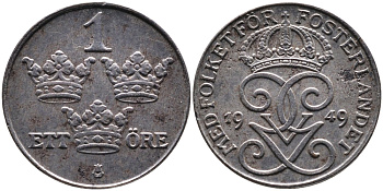 Швеция 1 эре 1949 Густав V (1907-1950) KM 810 железо 4387-546