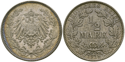 ГЕРМАНИЯ 1/2 МАРКИ 1918 E J. 16, KM 17 серебро UNC 65-256