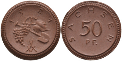 Саксония 50 пфеннигов 1921 виноград и лопата J. N 54 фарфор 1094-5-34