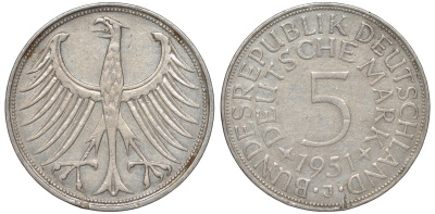 ФРГ 5 марок 1951 J (Гамбург), J. 387, KM 112.1 серебро 4178-835