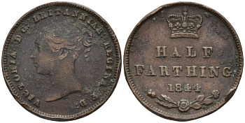 Великобритания 1/2 фартинга 1844 Виктория (1837-1901) KM 738, Spink 3951 медь 4596-1052