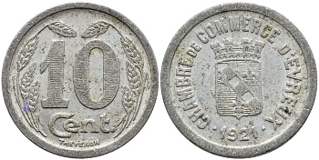 Франция 10 сантимов 1921 НОТГЕЛЬД, ГОРОД ЭВРЕ алюминий 4382-913