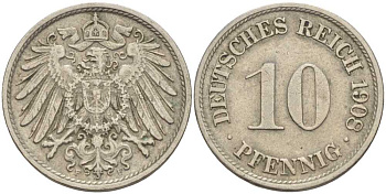 ГЕРМАНИЯ 10 ПФЕННИГОВ 1908 F KM 12, J. 13 медно-никель 31-322