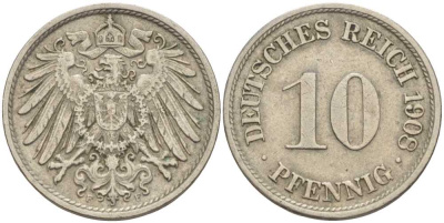 ГЕРМАНИЯ 10 ПФЕННИГОВ 1908 F KM 12, J. 13 медно-никель 31-322