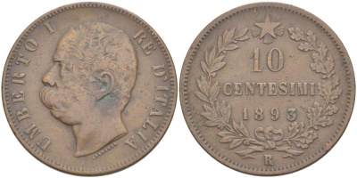 ИТАЛИЯ 10 ЧЕНТЕЗИМО 1893 R, МОНДВОР РИМ, УМБЕРТО I (1878-1900) KM 27.2 медь 4526-931