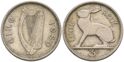 Ирландия 3 пенса 1950 заяц KM 12а медно-никель 92-226