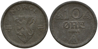 Норвегия 10 эре 1942 Хокон VII (1906 - 1957) KM 389 цинк 4154-758