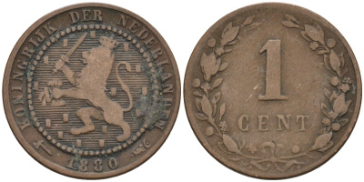 Нидерланды 1 цент 1880 Виллем III (1849-1890) KM 107 бронза 4576-551