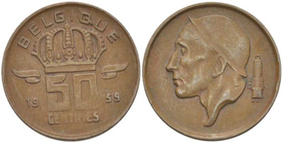 БЕЛЬГИЯ 50 САНТИМОВ 1959 BELGIQUE KM 148.1 бронза 96-455