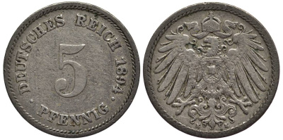ГЕРМАНИЯ 5 ПФЕННИГОВ 1894 E KM 11, Jager 12, Weege 6 медно-никель 4547-342