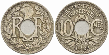ФРАНЦИЯ 10 САНТИМОВ 1923 tb, ТИП ЛИНДАЙЁ, МОНЕТНЫЙ ДВОР ПУАССИ, МОЛНИЯ KM 866а, LE FRANC 138.9 медно-никель 108-141