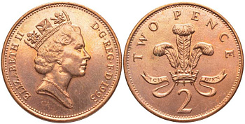 Великобритания 2 пенса 1993 Елизавета II (1952-2022) KM 936а, Spink 4386 (C4) сталь плакированная медью 117-136