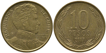 Чили 10 песо 2007 So KM 228.2, Schon 82 алюминиевая бронза 4544-814