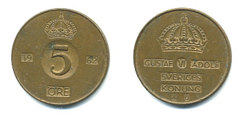 Швеция 5 эре 1962 Густав VI Адольф (1950-1973) KM 822 бронза 23-126