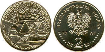 Польша 2 злотых 2001 MW, 15 лет конституционному суду в Польше KM 412 нордик UNC 4521-1133