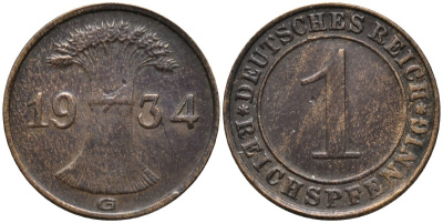 Германия 1 рейхспфенниг 1934 G KM 37 бронза 44-1254