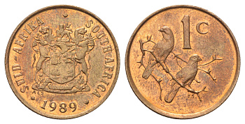 ЮАР 1 цент 1989 герб, капские воробьи KM 82 бронза UNC 4696-936