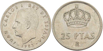 Испания 25 песет 1983 Хуан Карлос I (1975-2014) KM 824 медно-никель 115-436